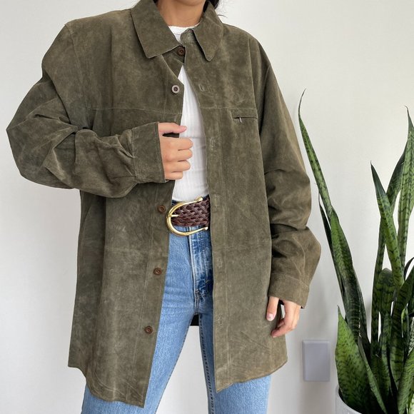 Vintage 100% suede leather shirt jacket / shacket in olive green - Picture 7 of 13